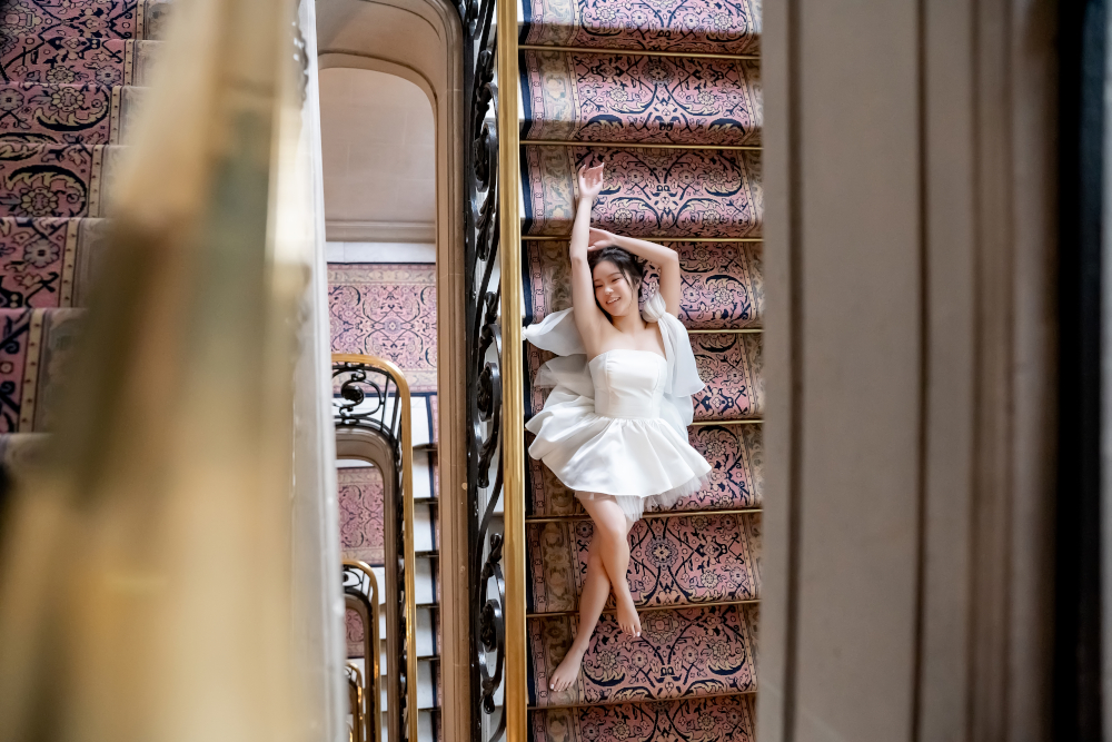 Birthday girl, Paris photoshoot hotel stairs