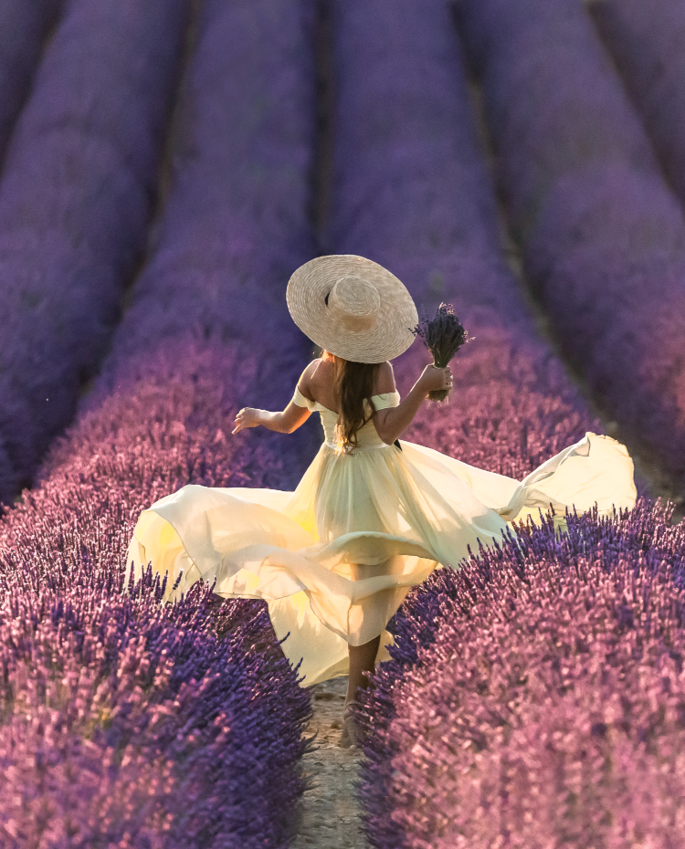 Yellow gown in Golden hour at rolling hill lavender field