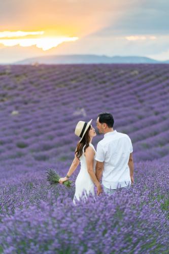 Honeymoon at lavender field during sunset