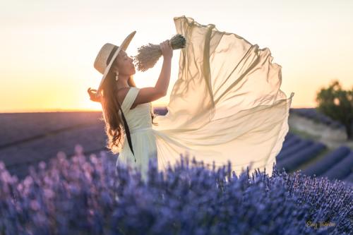 yellow swing gown girl during sunset at lavender field