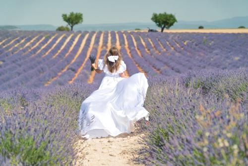 running girl to the twin trees at lavender field