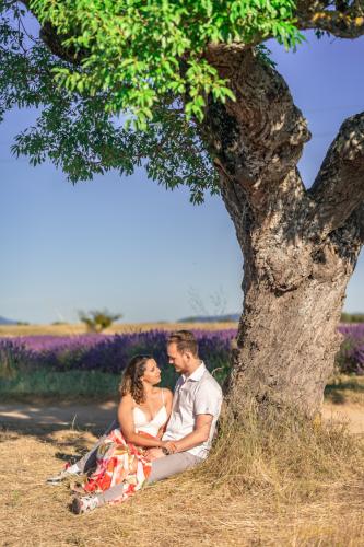 couple under oliv tree at lavender field
